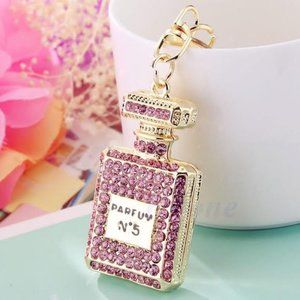 New Designer Perfume Bottle Pink Rhinestone Key Chain, Gold Purse Charm Keychain